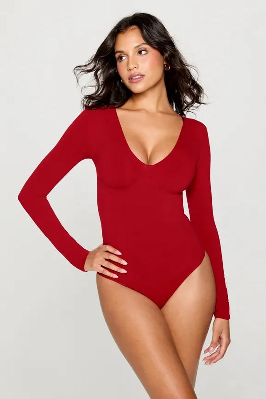 Nearly Naked Shapewear Plunge Long Sleeve Bodysuit